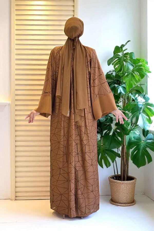 Dantel Abaya Bel Kuşaklı Cep Detaylı Tulum Takım 3782 Taba - 2