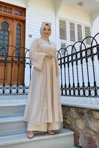 Dantel Abaya Bel Kuşaklı Cep Detaylı Tulum Takım 3782 Taş - Bym Fashion