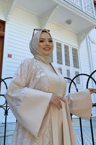Dantel Abaya Bel Kuşaklı Cep Detaylı Tulum Takım 3782 Taş - 8