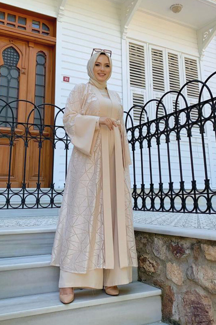 Dantel Abaya Bel Kuşaklı Cep Detaylı Tulum Takım 3782 Taş - 5