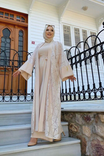 Dantel Abaya Bel Kuşaklı Cep Detaylı Tulum Takım 3782 Taş - 6