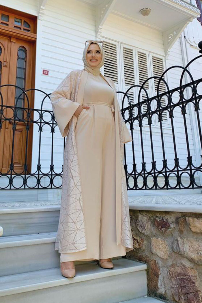 Dantel Abaya Bel Kuşaklı Cep Detaylı Tulum Takım 3782 Taş - 7