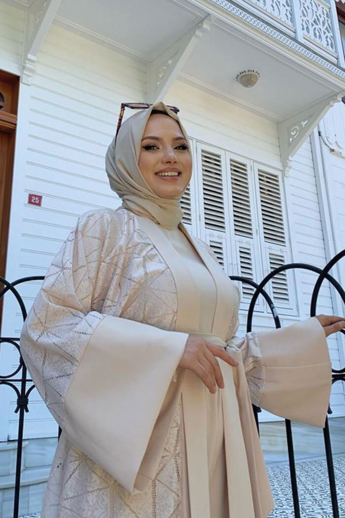 Dantel Abaya Bel Kuşaklı Cep Detaylı Tulum Takım 3782 Taş - 8