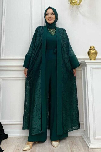 Dantel Abaya Bel Kuşaklı Cep Detaylı Tulum Takım 3782 Zümrüt - Bym Fashion