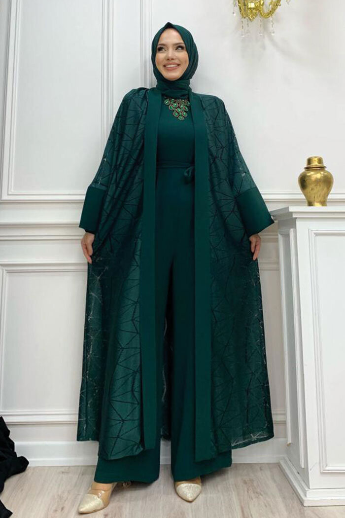 Dantel Abaya Bel Kuşaklı Cep Detaylı Tulum Takım 3782 Zümrüt - 5