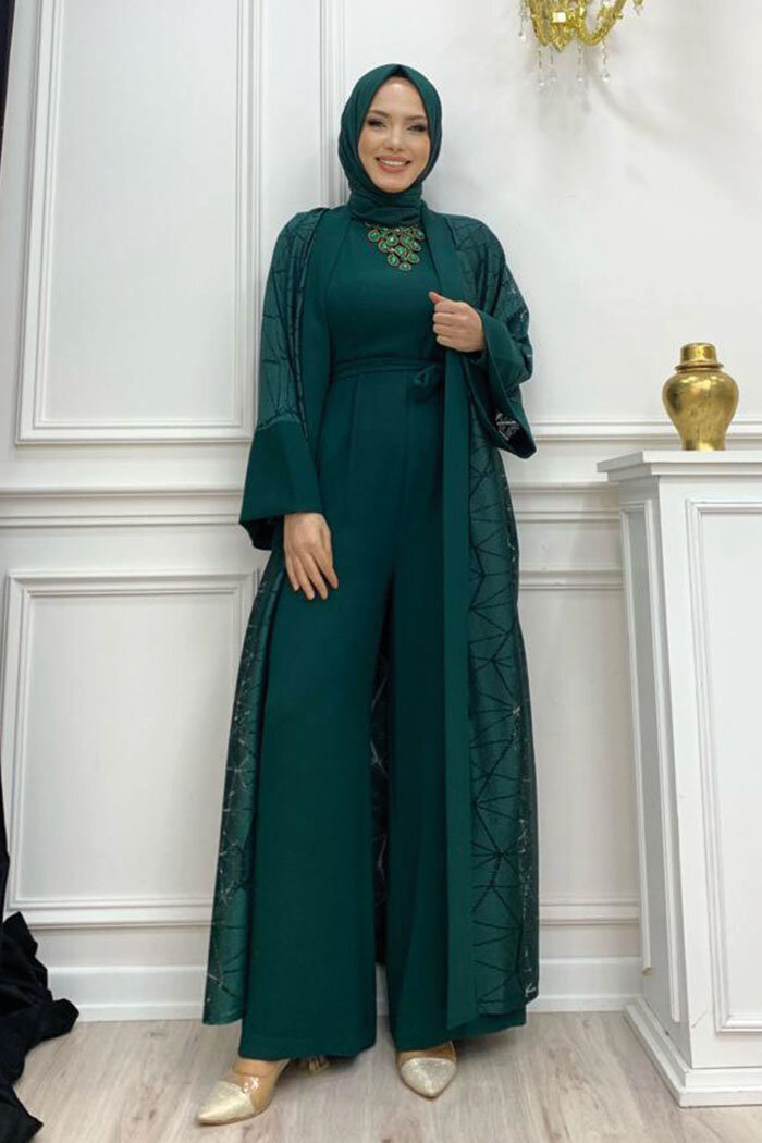 Dantel Abaya Bel Kuşaklı Cep Detaylı Tulum Takım 3782 Zümrüt - 6