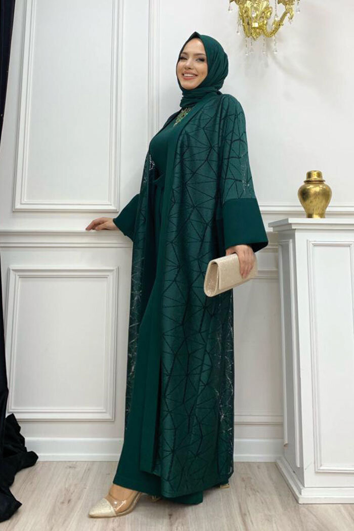 Dantel Abaya Bel Kuşaklı Cep Detaylı Tulum Takım 3782 Zümrüt - 7