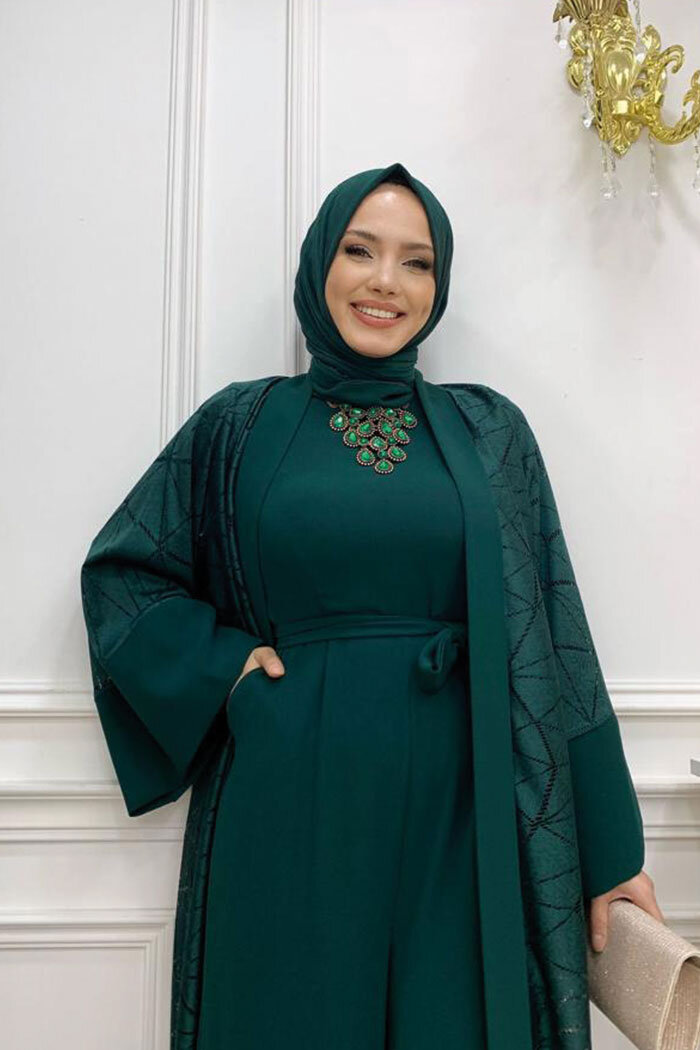 Dantel Abaya Bel Kuşaklı Cep Detaylı Tulum Takım 3782 Zümrüt - 8