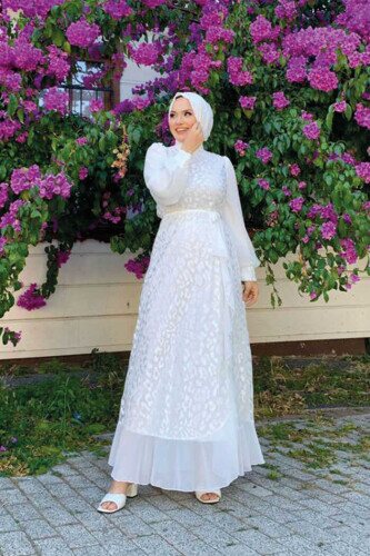 Dantel Görünümlü Şifon Fırfır Detay Elbise 3783 Ekru - Bym Fashion