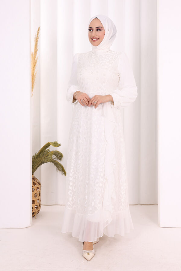 Dantel Görünümlü Şifon Fırfır Detay Elbise 3783 Ekru - 1