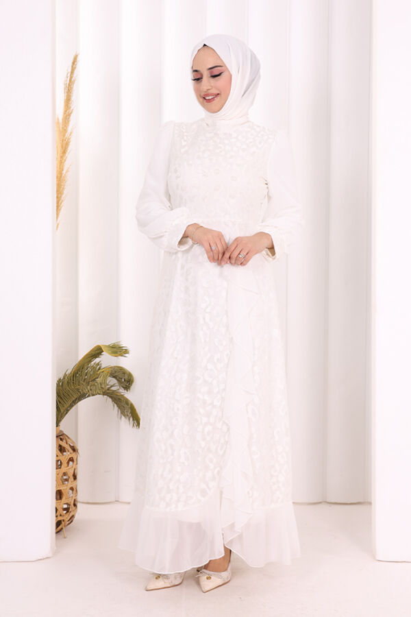 Dantel Görünümlü Şifon Fırfır Detay Elbise 3783 Ekru - 2