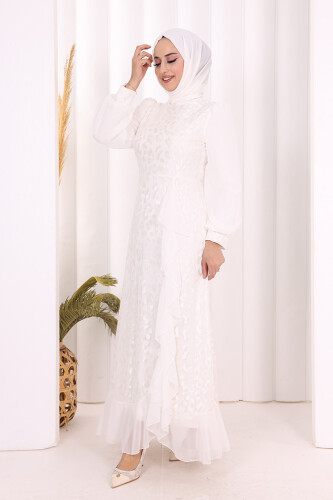 Dantel Görünümlü Şifon Fırfır Detay Elbise 3783 Ekru - 3
