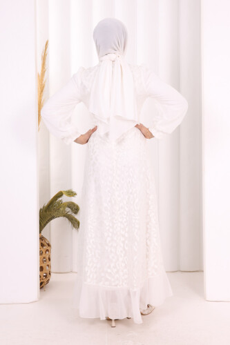 Dantel Görünümlü Şifon Fırfır Detay Elbise 3783 Ekru - 4