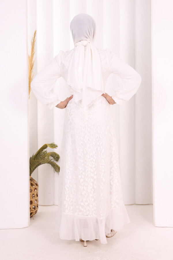 Dantel Görünümlü Şifon Fırfır Detay Elbise 3783 Ekru - 4