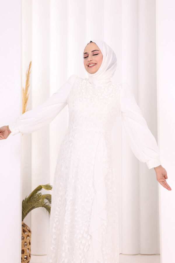 Dantel Görünümlü Şifon Fırfır Detay Elbise 3783 Ekru - 5