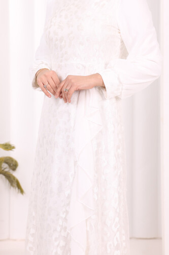 Dantel Görünümlü Şifon Fırfır Detay Elbise 3783 Ekru - 6