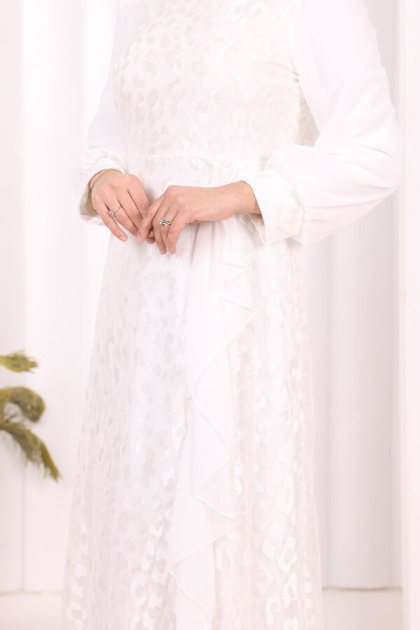 Dantel Görünümlü Şifon Fırfır Detay Elbise 3783 Ekru - 6