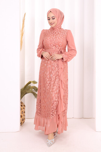 Dantel Görünümlü Şifon Fırfır Detay Elbise 3783 Pudra 