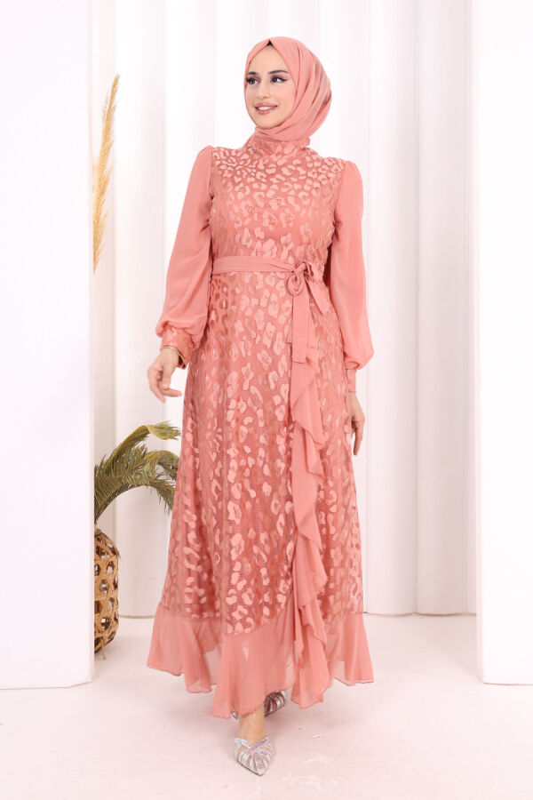 Dantel Görünümlü Şifon Fırfır Detay Elbise 3783 Pudra - 2