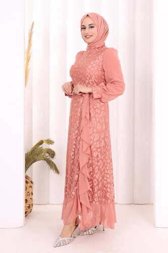 Dantel Görünümlü Şifon Fırfır Detay Elbise 3783 Pudra - 3