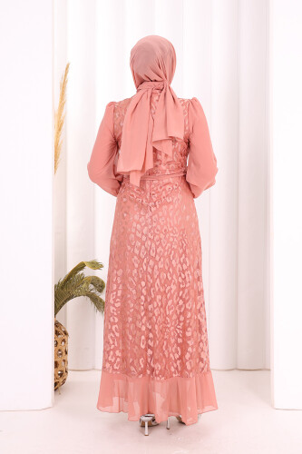 Dantel Görünümlü Şifon Fırfır Detay Elbise 3783 Pudra - 4