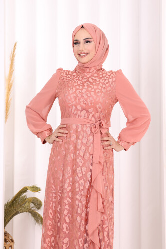 Dantel Görünümlü Şifon Fırfır Detay Elbise 3783 Pudra - 5