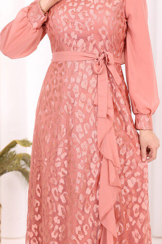 Dantel Görünümlü Şifon Fırfır Detay Elbise 3783 Pudra - 6