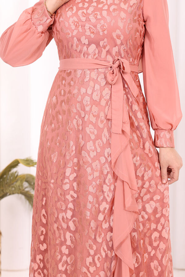 Dantel Görünümlü Şifon Fırfır Detay Elbise 3783 Pudra - 6