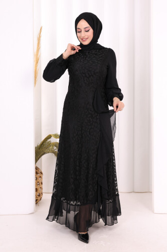 Dantel Görünümlü Şifon Fırfır Detay Elbise 3783 Siyah 