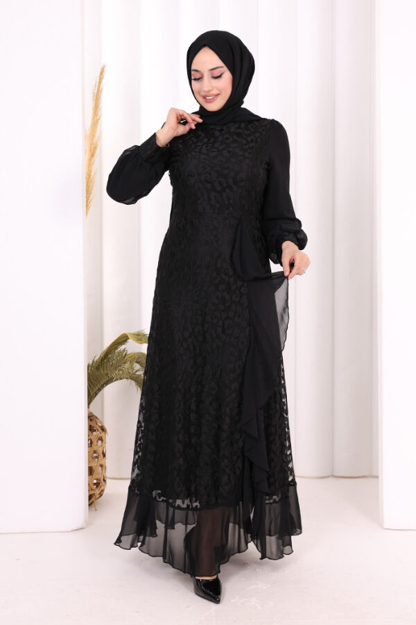 Dantel Görünümlü Şifon Fırfır Detay Elbise 3783 Siyah - 1