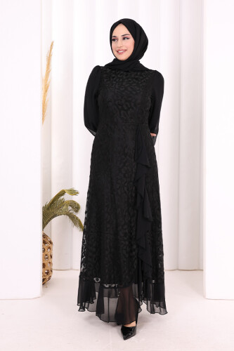 Dantel Görünümlü Şifon Fırfır Detay Elbise 3783 Siyah - 2