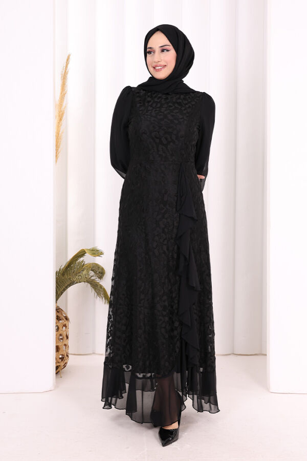 Dantel Görünümlü Şifon Fırfır Detay Elbise 3783 Siyah - 2
