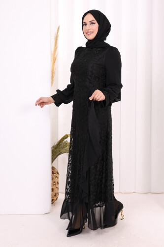 Dantel Görünümlü Şifon Fırfır Detay Elbise 3783 Siyah - 3