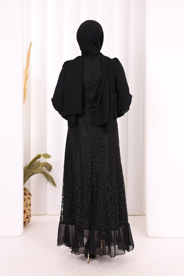 Dantel Görünümlü Şifon Fırfır Detay Elbise 3783 Siyah - 4