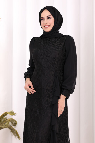 Dantel Görünümlü Şifon Fırfır Detay Elbise 3783 Siyah - 5