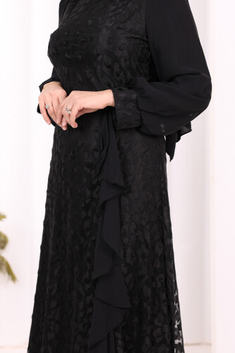 Dantel Görünümlü Şifon Fırfır Detay Elbise 3783 Siyah - 6