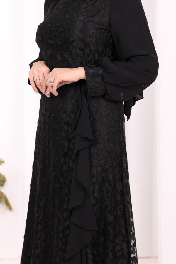 Dantel Görünümlü Şifon Fırfır Detay Elbise 3783 Siyah - 6