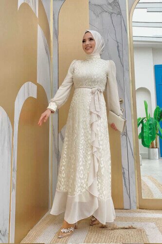 Dantel Görünümlü Şifon Fırfır Detay Elbise 3783 Taş - Bym Fashion