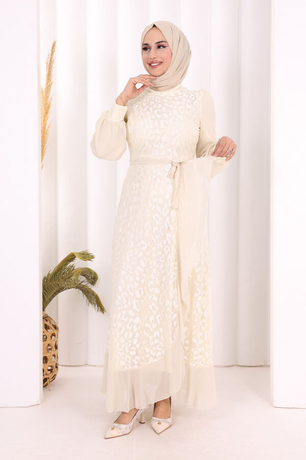 Dantel Görünümlü Şifon Fırfır Detay Elbise 3783 Taş - 1