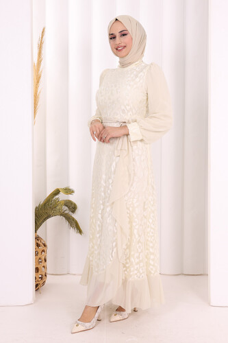 Dantel Görünümlü Şifon Fırfır Detay Elbise 3783 Taş - 2