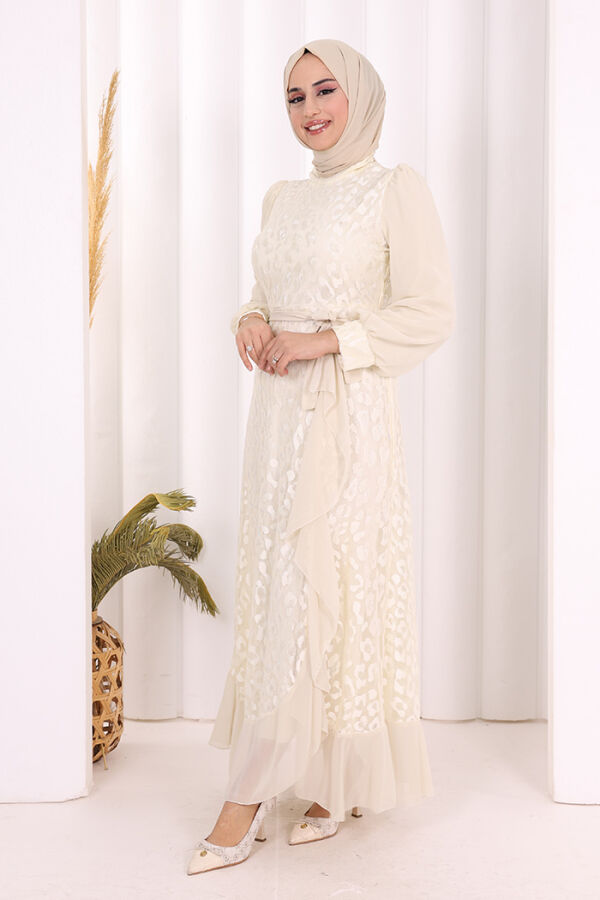 Dantel Görünümlü Şifon Fırfır Detay Elbise 3783 Taş - 2