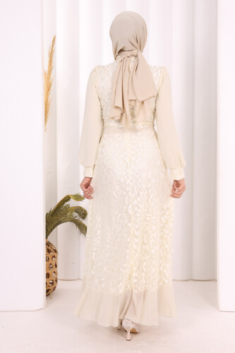 Dantel Görünümlü Şifon Fırfır Detay Elbise 3783 Taş - 3