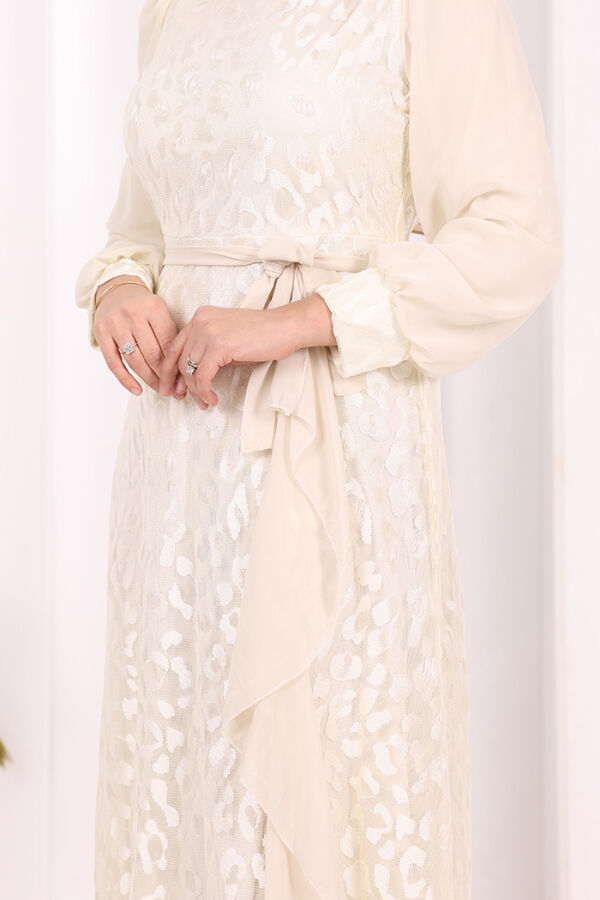 Dantel Görünümlü Şifon Fırfır Detay Elbise 3783 Taş - 5