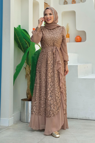 Dantel Görünümlü Şifon Fırfır Detay Elbise 3783 Vizon - Bym Fashion