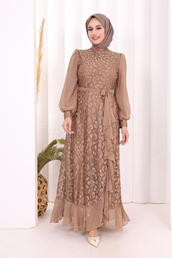 Dantel Görünümlü Şifon Fırfır Detay Elbise 3783 Vizon - 1