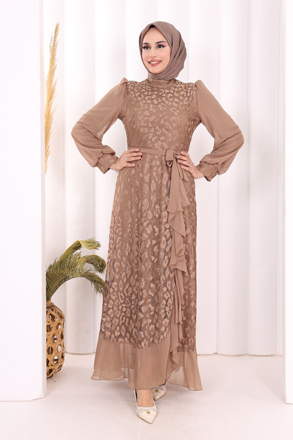 Dantel Görünümlü Şifon Fırfır Detay Elbise 3783 Vizon - 2