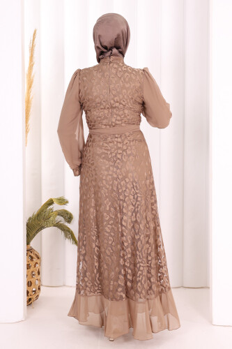 Dantel Görünümlü Şifon Fırfır Detay Elbise 3783 Vizon - 4