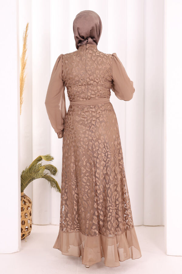 Dantel Görünümlü Şifon Fırfır Detay Elbise 3783 Vizon - 4