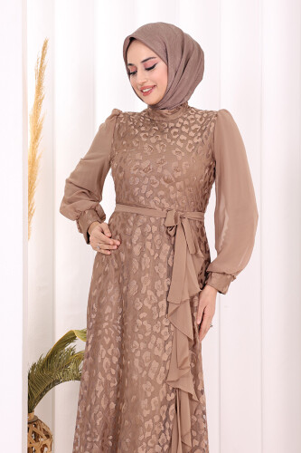 Dantel Görünümlü Şifon Fırfır Detay Elbise 3783 Vizon - 5