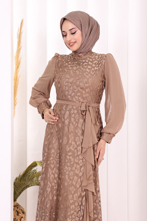 Dantel Görünümlü Şifon Fırfır Detay Elbise 3783 Vizon - 5